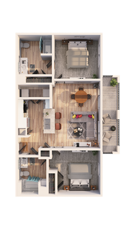 Modern 3D floor plan showcasing apartment with two bedrooms, an open living area, contemporary kitchen, and a stylish balcony.