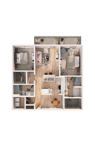 Modern 3D floor plan showcasing apartment with two bedrooms, an open living area, contemporary kitchen, and a stylish balcony.