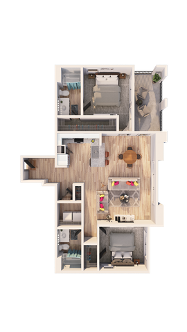 Modern 3D floor plan showcasing apartment with two bedrooms, an open living area, contemporary kitchen, and a stylish balcony.