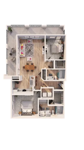 Modern 3D floor plan showcasing apartment with two bedrooms, an open living area, contemporary kitchen, and a stylish balcony.