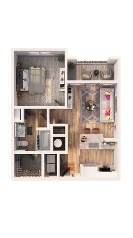 Modern 2D floor plan featuring a cozy 1-bedroom layout with an open-concept living area, stylish kitchen island, and chic balcony seating.