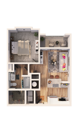 Modern 1-bedroom apartment floor plan with open-concept living area, stylish kitchen island, cozy balcony, and contemporary bathroom design.