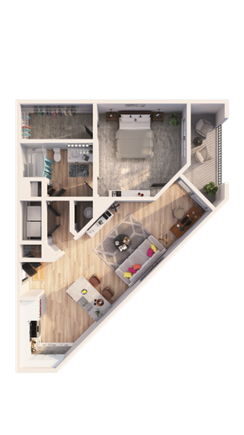Chic floor plan showcasing a spacious one-bedroom apartment with an open-concept living area, stylish kitchen, and cozy balcony.