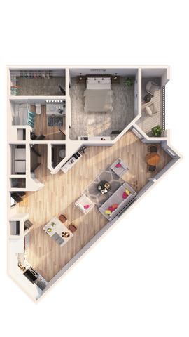Inviting apartment floor plan with 1 bedroom, open living area, modern kitchen, and spacious lounge. Ideal for comfortable living.