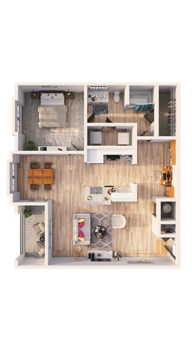 Modern 2D floor plan featuring a spacious one-bedroom layout with an open-concept kitchen, inviting living area, cozy dining space, and a private balcony.