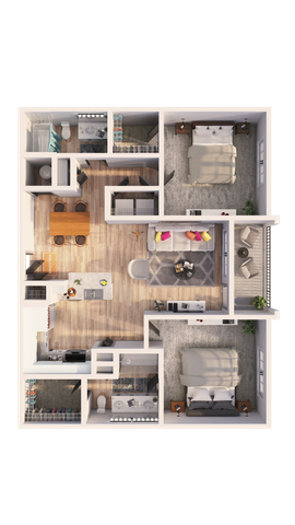 Modern floor plan showcasing spacious 2-bedroom layout with elegant living room, open kitchen, and two bathrooms. Ideal for contemporary living with a welcoming entryway and stylish decor.