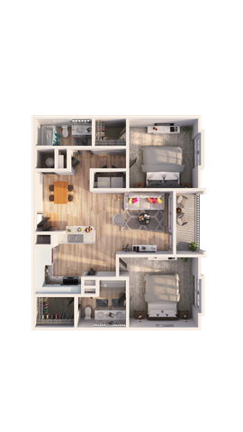 Modern 3D floor plan showcasing 2 bedrooms, a cozy living area, and an elegant kitchen with wood flooring.