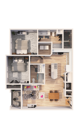 Modern floor plan displaying two spacious bedrooms, an open-concept kitchen with a breakfast island, cozy living room, and elegant dining area.