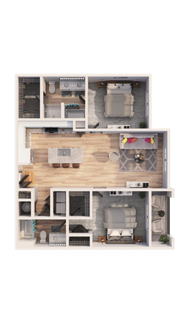 Contemporary 3D floor plan showcasing 2 bedrooms, open kitchen with island, and spacious living room with modern decor.