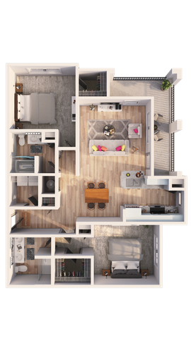 Contemporary 3D floor plan showcasing 2 spacious bedrooms, a modern living area, open-concept kitchen, and a private balcony.