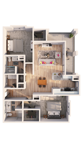 Modern floor plan showcasing two bedrooms, an inviting open-concept living area, elegant kitchen, and private balcony.