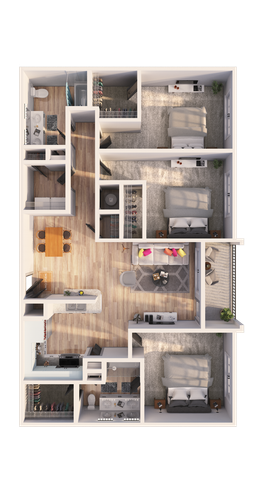 Modern 3D floor plan featuring 3 bedrooms, a luxurious living room, a stylish kitchen, and a welcoming dining area.