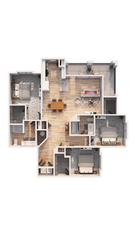 Elegant floor plan showcasing 3 spacious bedrooms, an open-concept kitchen, and a cozy living area with balcony.