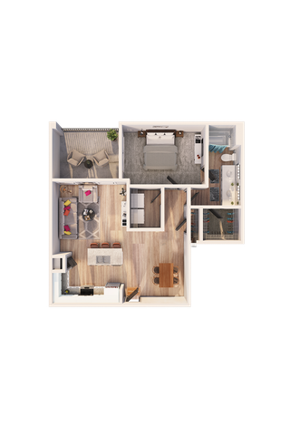 Modern apartment floor plan featuring one bedroom, a sleek open-concept living area with cozy furniture, stylish kitchen, and cozy balcony.