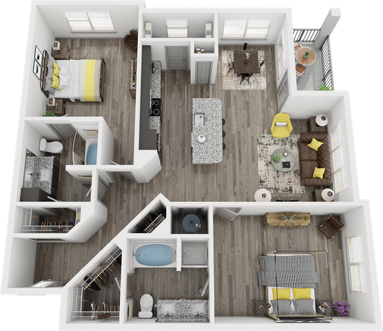 Modern 3D floor plan showcasing two spacious bedrooms, an elegant open kitchen with island seating, and a cozy living area with stylish furnishings.