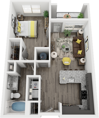 Modern apartment floor plan with open-concept living and kitchen area, stylish bedroom, chic bathroom, and a cozy patio. Ideal for comfortable urban living.