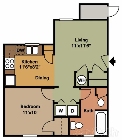 Inviting floor plan showcasing 1 bedroom, a modern kitchen with dining area, and a spacious living room. Includes convenient washer and dryer setup.