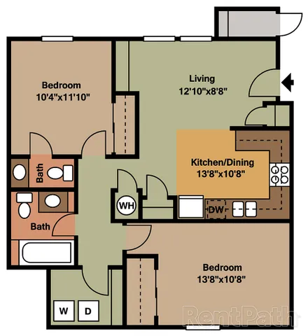 Inviting apartment floor plan showcasing 2 bedrooms, 2 elegant baths, spacious living area, and a modern kitchen/dining space. Ideal for contemporary living.