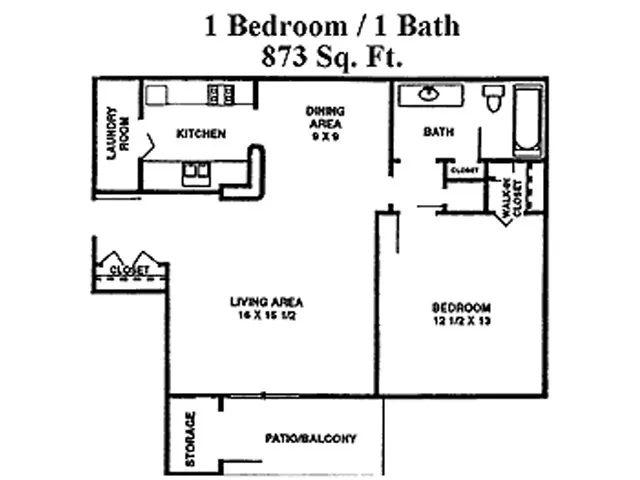 Modern 1 bedroom floor plan with spacious living area, functional kitchen, and private patio in 873 sq. ft.