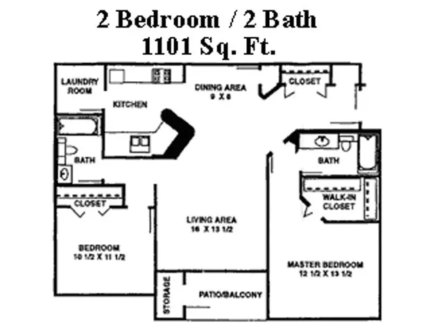 Spacious 2D floor plan featuring 2 bedrooms, 2 baths, 1101 sq ft, with a modern kitchen, dining area, laundry room, and a patio/balcony.