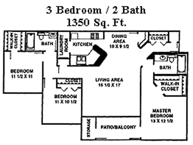 Inviting floor plan showcasing 3 bedrooms, 2 bathrooms, a modern kitchen, and a spacious living area, covering 1350 sq. ft.