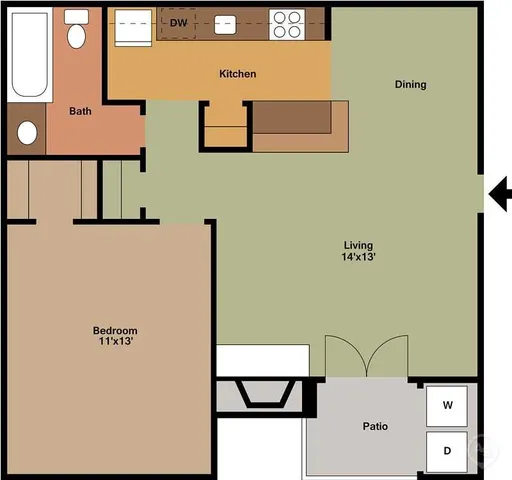 Modern floor plan featuring a spacious 1-bedroom layout with open living and dining areas, sleek kitchen, and inviting patio.