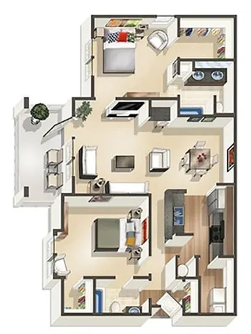 Charming floor plan showcasing 3 bedrooms, cozy living area, modern kitchen, and private balcony, perfect for comfortable living.