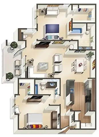 Elegant floor plan featuring 3 bedrooms with modern decor, spacious living area, and sleek kitchen design, perfect for contemporary living.