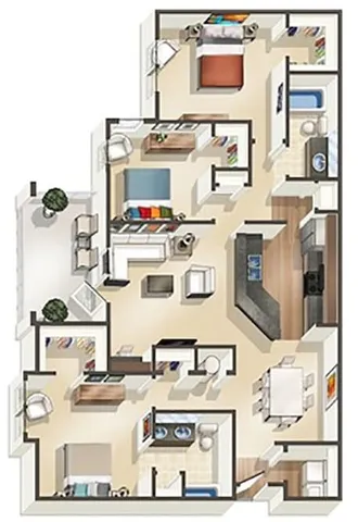 Modern 2D floor plan showcasing three spacious bedrooms, an open-concept kitchen with island, cozy living area, and two bathrooms.