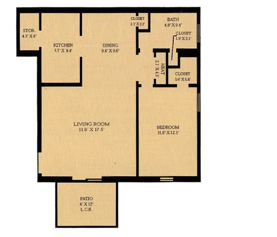 Charming floor plan featuring a spacious living room, cozy bedroom, functional kitchen, and a dining area. Includes a patio and ample closet space.