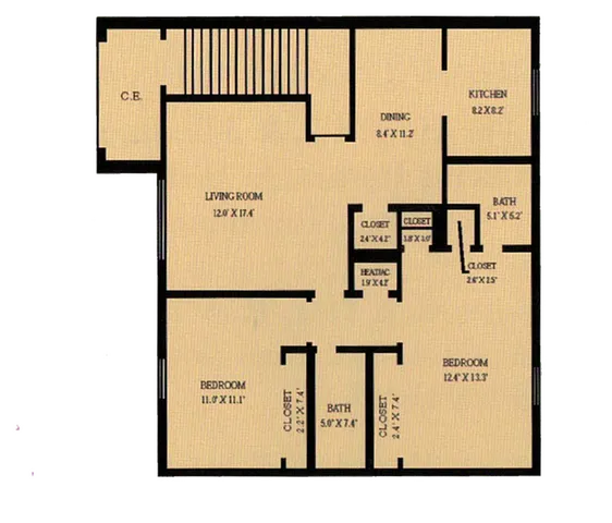 Charming floor plan showcasing 2 cozy bedrooms, a spacious living room, dining area, and a modern kitchen.