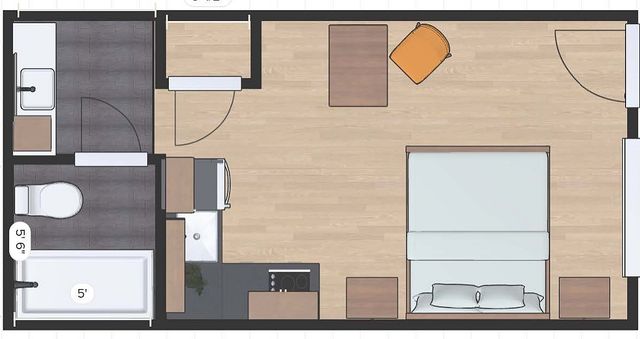 Contemporary 2D floor plan with a cozy bedroom, spacious bath, and functional kitchen area, perfect for modern living.