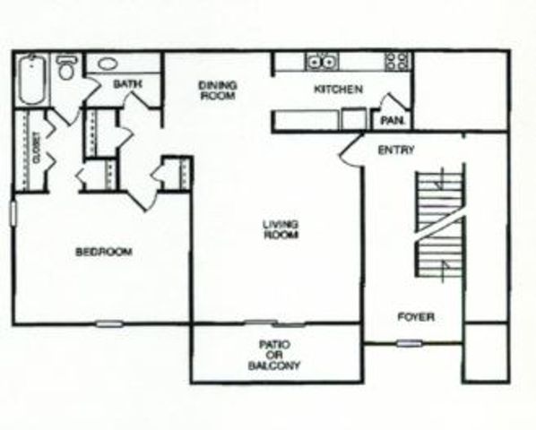 Charming floor plan showcasing a 1-bedroom apartment with a cozy living room, dining area, and kitchen. Features a bathroom, inviting patio or balcony, and convenient entry foyer.