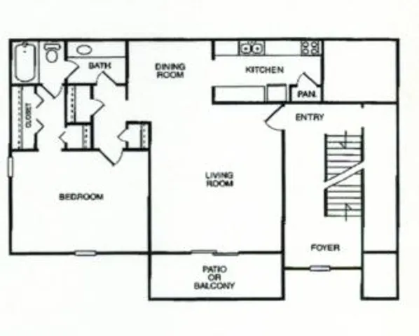 Elegant floor plan showcasing 1 bedroom, a spacious living room, modern kitchen, dining room, and a patio or balcony for outdoor relaxation.