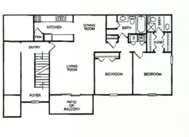Inviting 2D floor plan with 2 spacious bedrooms, modern kitchen, cozy living room, and versatile patio or balcony area.