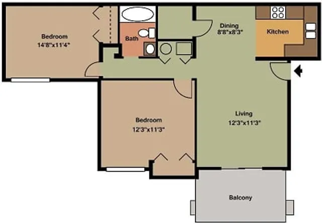 Charming floor plan showcasing 2 bedrooms, a cozy living room, dining area, and kitchen with a balcony view.