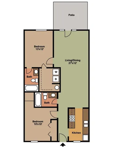 Modern 2-bedroom, 2-bath apartment floor plan with a spacious open living/dining area, kitchen, and inviting patio.