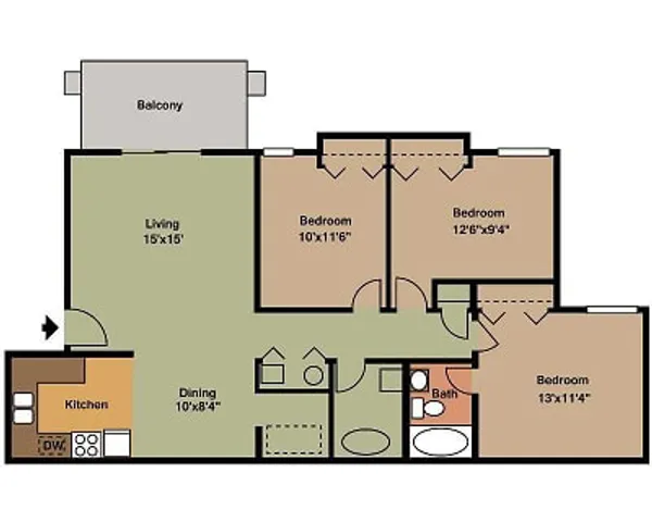 Inviting 2D floor plan with 3 bedrooms, a spacious living area, and a cozy kitchen, featuring a charming balcony.