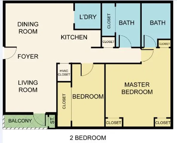 Contemporary floor plan featuring 2 bedrooms, spacious living and dining rooms, modern kitchen, laundry space, and two bathrooms. Includes a cozy balcony for outdoor relaxation.
