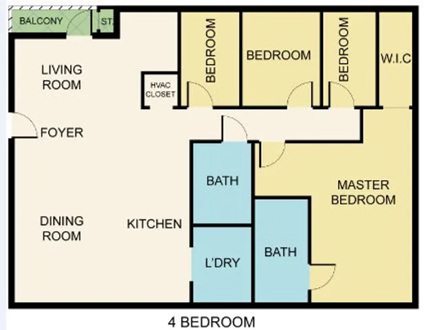 Elegant 4-bedroom floor plan featuring a spacious living and dining area, modern kitchen, master bedroom with walk-in closet, and a cozy balcony in a contemporary layout.