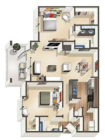 Inviting floor plan showcasing 2 bedrooms, open living space, modern kitchen, and cozy dining area, perfect for comfortable living.