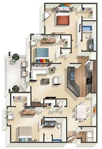 Contemporary floor plan showcasing 3 bedrooms, a modern kitchen, and spacious living and dining areas, providing a stylish and efficient layout.