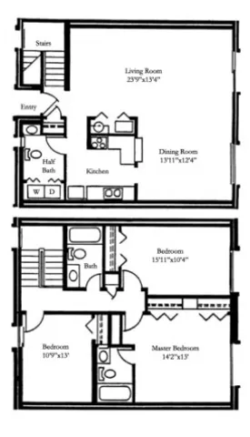 Chic two-story floor plan showcasing a spacious living room, dining area, and modern kitchen on the lower level with 3 comfortable bedrooms and 2.5 baths upstairs.