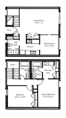 Elegant floor plan showcasing a spacious living room, modern kitchen, dining room, two bedrooms with baths, and a convenient entry with half bath.