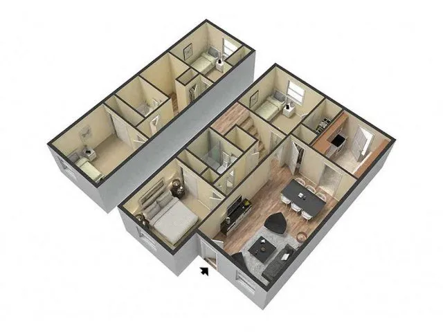 Inviting 3D floor plan showcasing a modern apartment with 3 bedrooms, a stylish kitchen, and an open living area. Perfect for a contemporary lifestyle.