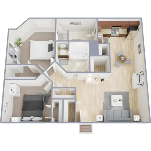 Chic 3D floor plan showcasing two cozy bedrooms, elegant bathroom, modern kitchen, and open-concept dining and living area.