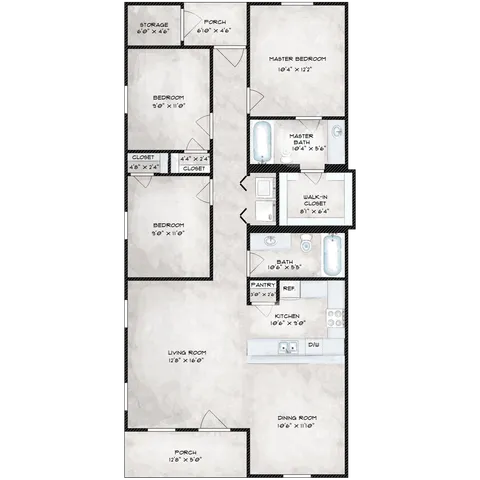 Elegant floor plan featuring a master suite with walk-in closet, two additional bedrooms, spacious living room, modern kitchen, and a separate dining area. Includes two porches and ample storage space.