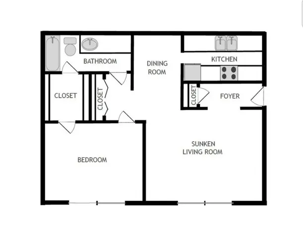 Elegant floor plan showcasing a one-bedroom layout with a spacious sunken living room, modern kitchen, dining area, and bathroom.