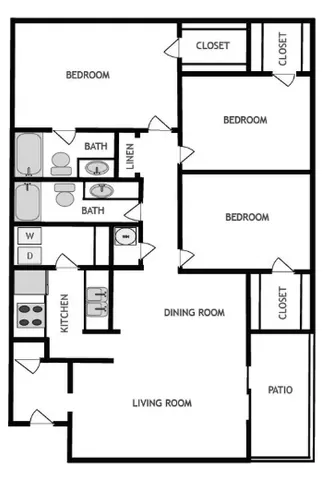 Modern floor plan showcasing 3 bedrooms with ample closets, two bathrooms, a spacious living and dining area, an efficient kitchen, and a charming patio.