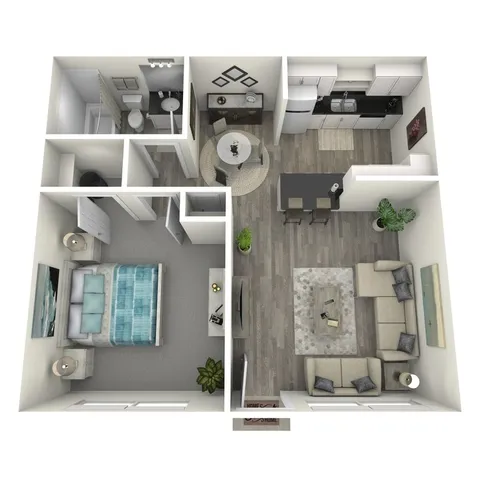 Inviting 3D floor plan showcasing a cozy 1-bedroom apartment with a modern kitchen, stylish living room, and elegant dining area.